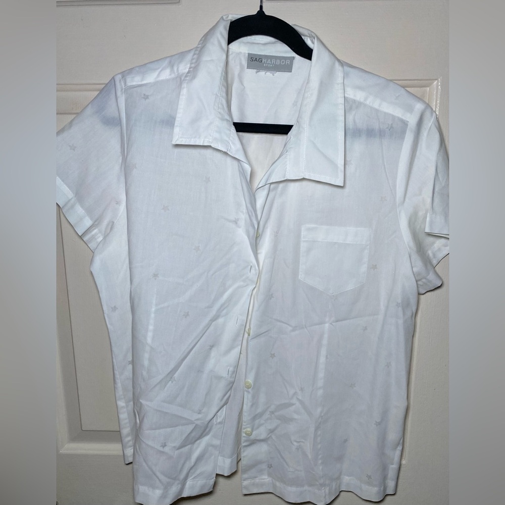 Women’s Sag Harbor‎ Short Sleeve Button Shirt White Stars Print L